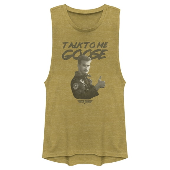 Junior's Top Gun Talk to Me Goose Thumbs Up Festival Muscle Graphic Tee Gold Heather Large