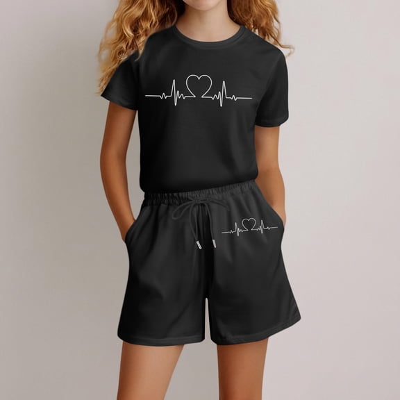 Angala 2 Piece Outfits For Girls Crew Neck Short Sleeve Graphic Print T Shirt With Active Shorts Set Girls Fall Season Wear Clothes