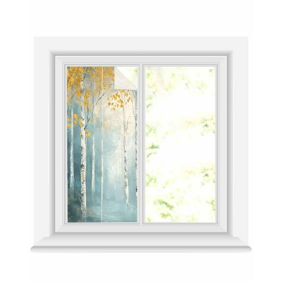 Window Privacy Film Summer Forest Stained Glass Window Film Decorative Sun Block Window Cover Tree Branch Watercolor Oil Painted Window Clings Static Adhesive Sticker for Bathroom 19.6"x39.3"