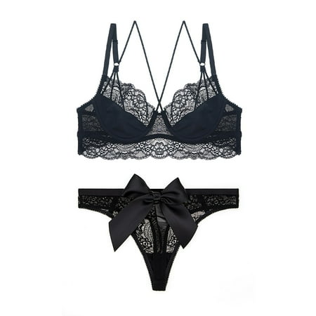 

New Style Sexy Ultra-Thin Floral Lace Underwear Unlined Beauty Bra and Lace Thongs with Bow Knot