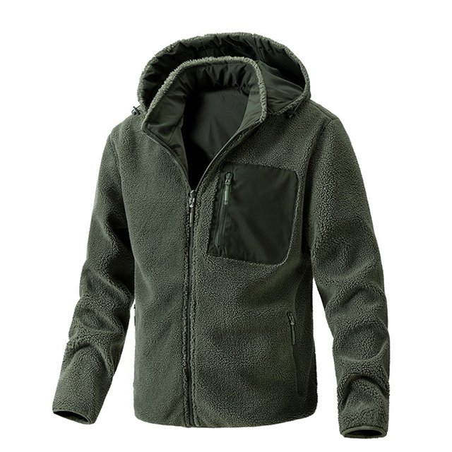 Mens Plain Fleece Jacket Zip-Up Pocket Work Outdoor Warm Hooded Coat Reversible