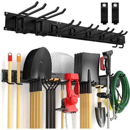 

Garage Tool Organizer Wall Mount 11 PCS Yard Garden Tool Organizer Adjustable Garage Organizers with 8 Heavy Duty Hooks Max Load 500lbs Garage Storage for Garden Tools Shovels Trimmers Hoses
