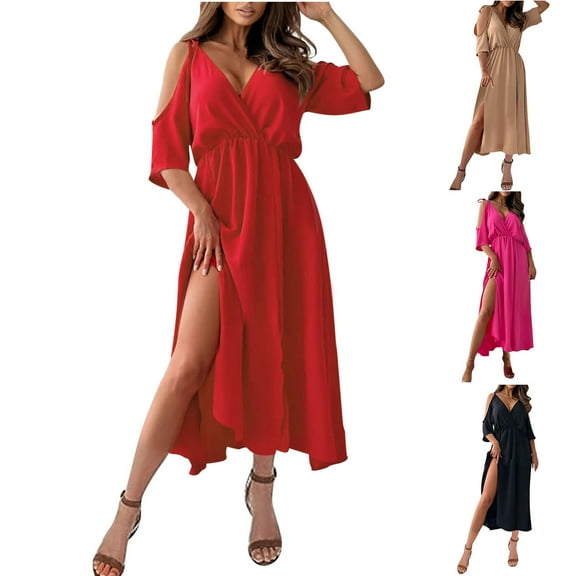 ZZwxWA Womens Solid Summer Dress Maxi High Waist Maxi Dress Wrap V Neck Wedding Cold Shoulder Split Smocked Long Dresses off Sexy Sundress