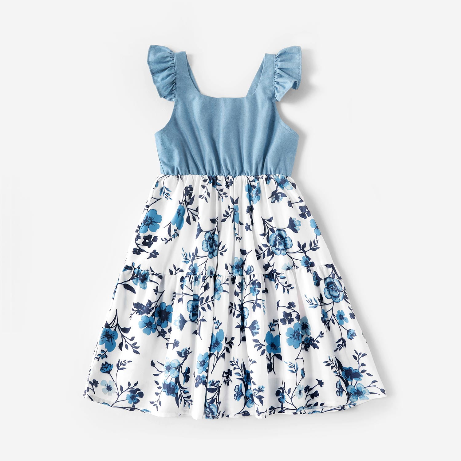 PatPat Mosaic Cotton Family Matching Outfits Mommy and Me Dark Blue Dresses and Denim Tops Polo Shirts Sets, Baby Girl 9-12M