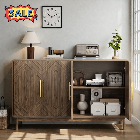 Tcbosik Storage Cabinet with 4 Doors, 55" Modern Buffet Sideboard, Coffee Bar Cabinet with Adjustable Shelves, Accent Cabinet for Living Room, Dining Room, Hallway, Entryway, Walnut