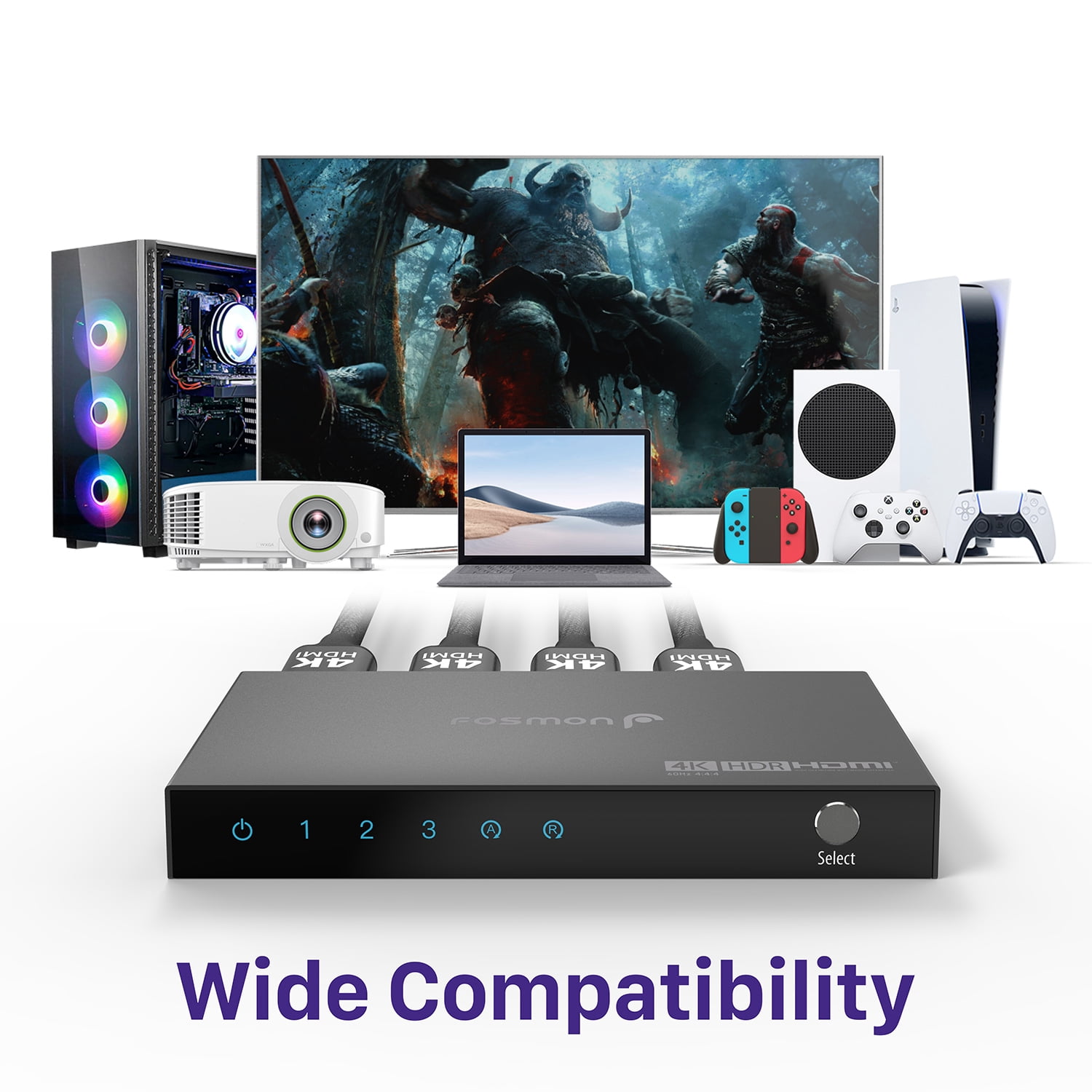Fosmon 3-Port 4K HDMI Switch with Remote Control, 3 In 1 Out HDMI 2.0 Switcher Box (4K@60Hz, UHD, HDR, HDCP 2.2) for PS5 Xbox Nintendo Switch