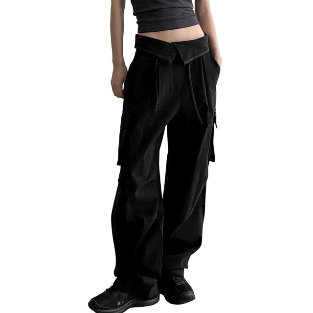 Pantalones Y2K Diseño de cintura con bridas Monos casuales negros Pantalones tejidos con costuras de bolsillo lateral hermoso Ygjytge para Mujer Negro T L