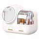 thumbnail image 1 of Organizador de maquillaje con espejo LED y luz ajustable, diseño moderno y práctico, ideal para mantener tus cosméticos ordenados y protegidos del polvo. Disponible en color blanco marfil., 1 of 7