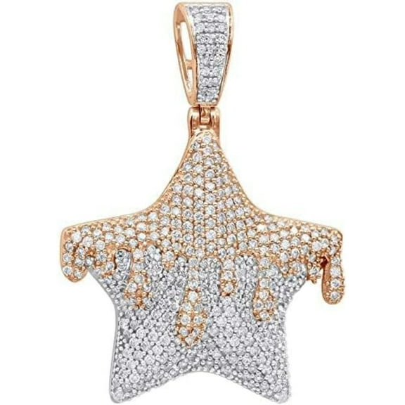 925 Sterling Silver 14K Two-Tone Gold Over White Diamond 2" Inches Star Pendant For Men's & Women