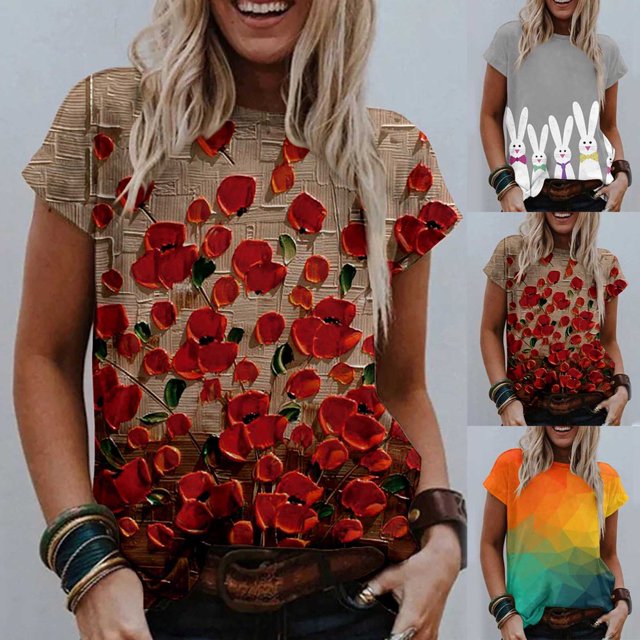 CHOK Vêtements pour Femmes Liquidation Mode Femme Blouse à Col Rond Imprimé Manches Courtes T-Shirt Hauts d'Été