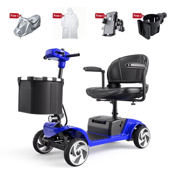 Foldable Electric Scooter for Adults, 350W 4-Wheel 300LBS Capacity 15.6 Miles 5.8MPH, Lightweight Portable with Basket Cup Holder Phone Holder Raincoat for Elderly Disabled Outdoor Use