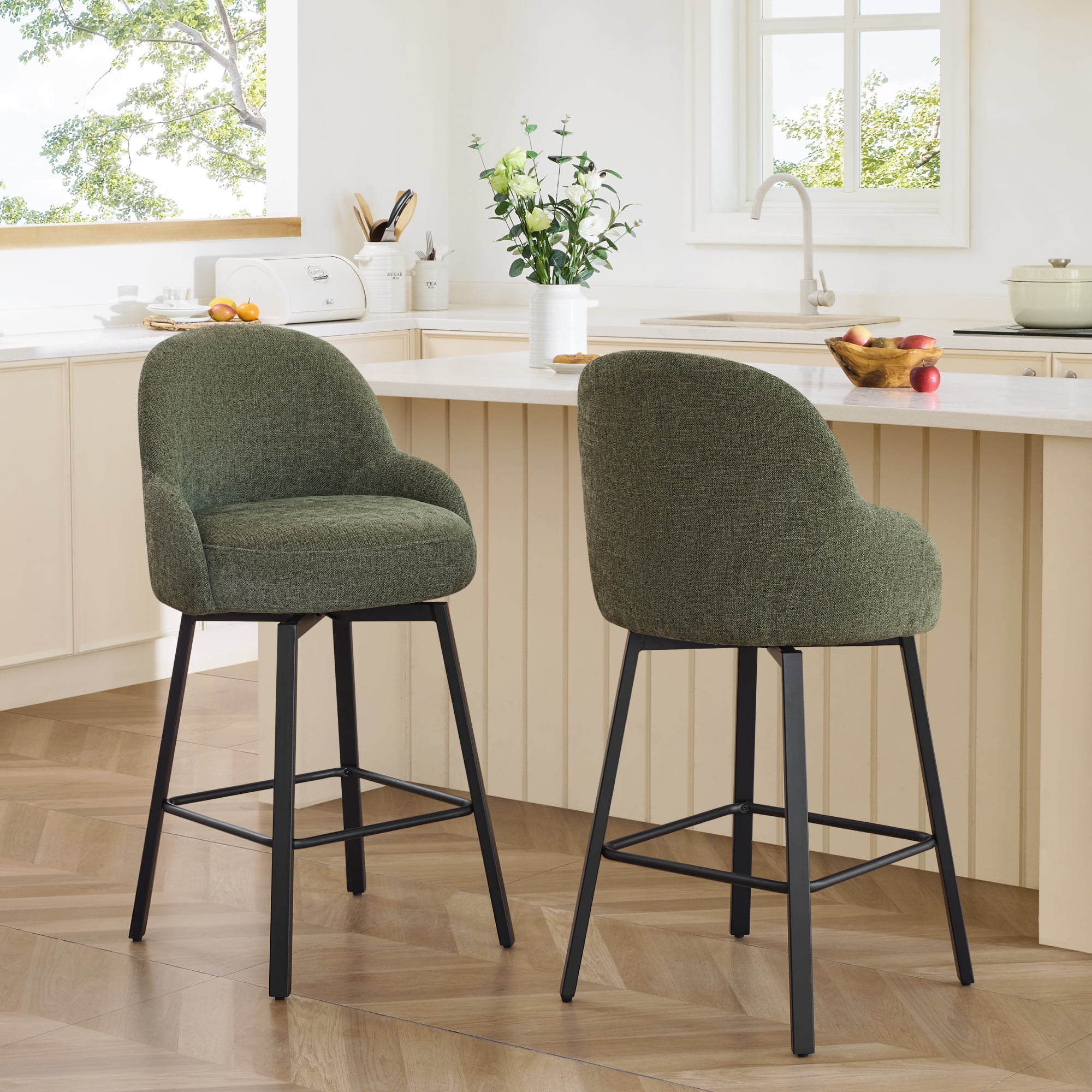Spruce & Spring Counter Height Swivel Bar Stool with Upholstered Seat and Footrest Set of 2, Moss green