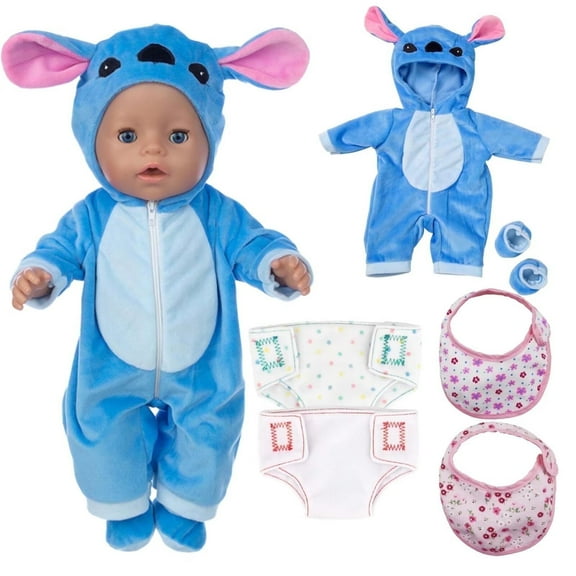Babysbule Doll Clothes Set, Blue Dog Style Plush Onesie, for 16-18 Inch Dolls, 4-Piece Set