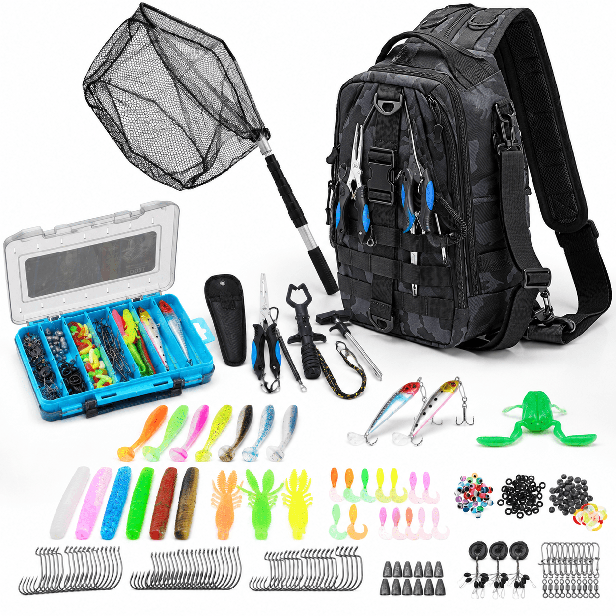 Black Camouflage Nylon Fishing Backpack Tackle Kit with Tools and Lures