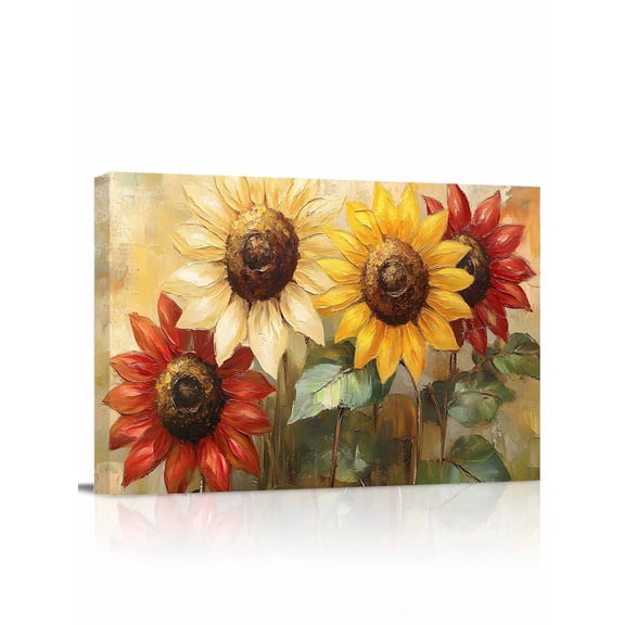 Summer Sunflowers Wall Art for Living Room,Canvas Picture Wall Decor for Bathroom Bedroom,Vintage Oil Painting Red Yellow Floral Painting Artwork for Office Kitchen Hallway Dining Room Decor 24"x32"