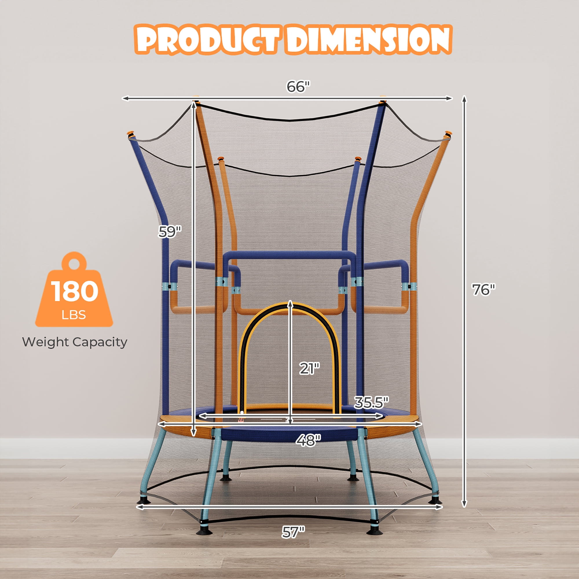 Gymax Kids Mini Trampoline w/ 59'' Higher Enclosure Net Seamless Jumping Mat Zipper Door Orange & Blue