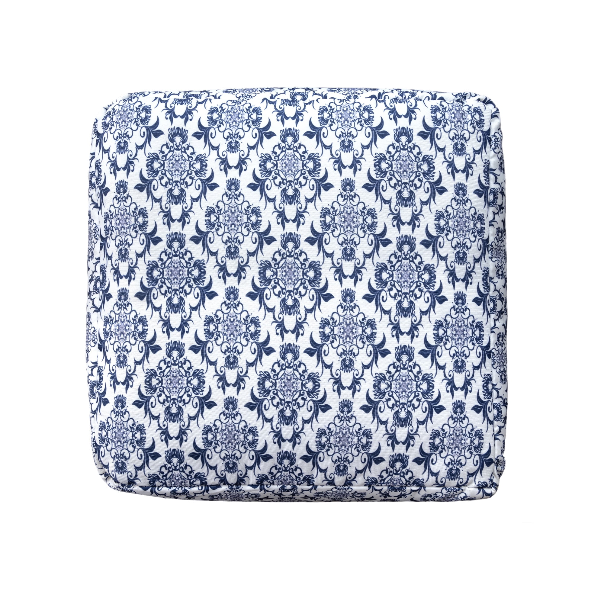 Ox Bay Orlando Blue/White Damask Medium Square Indoor Pouf Ottoman, 18" H x 18" W