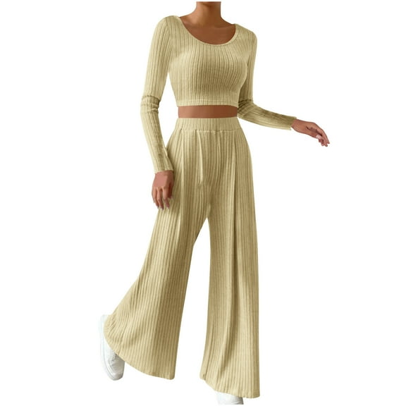 Zkozptok 2 Piece Outfits for Women Knitted Long Sleeve Crop Tops and High Waist Wide Leg Pants Sets Trendy Clothes