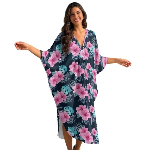 Xoenoiee Tropical Hibiscus Palm Leaves Print Women's Kaftan Dresses Plus Size V-Neck Batwing Sleeve Caftan Beach Dress Lightweight Bathing Suit Cover-Up Loungewear