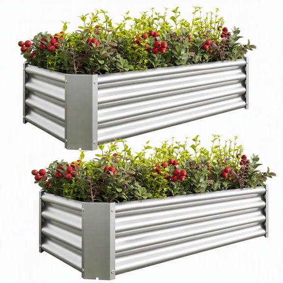 Set of 2 Silver Metal Raised Garden Beds, 4x2x1 Foot Rectangular Planters for Growing Vegetables, Herbs, and Flowers Outdoors