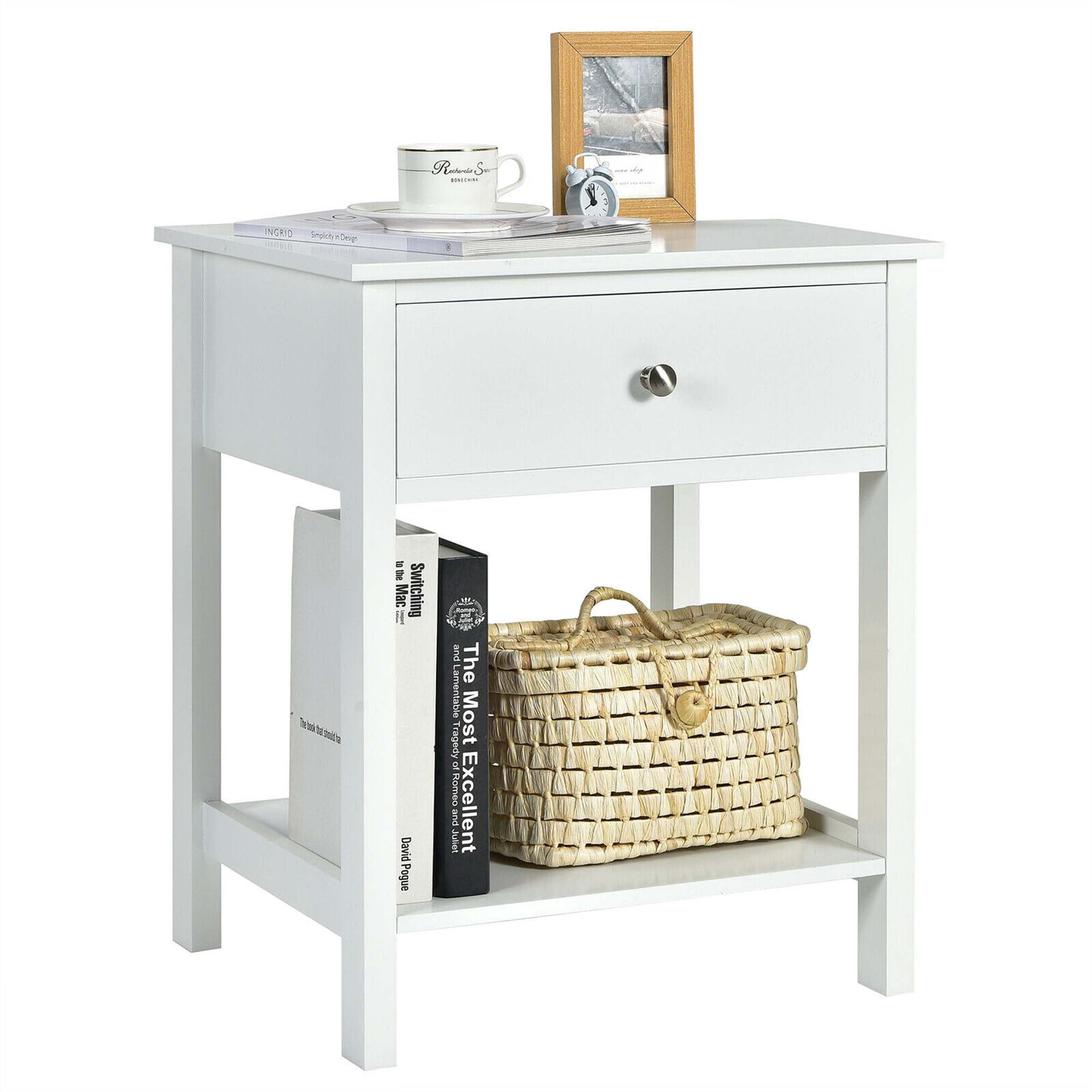 Gymax 2PCS 2-Tier Nightstand Modern Side End Table w/ Drawer & Open Shelf White