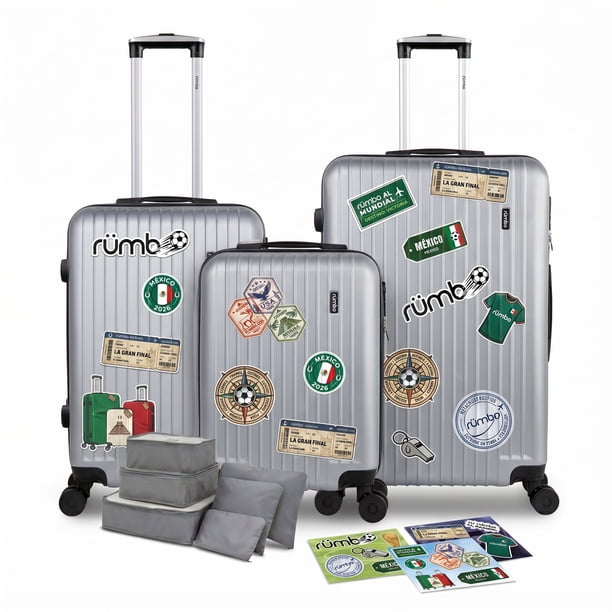 Set de Maletas Rígidas de Viaje de 20, 24 y 28 Pulgadas con Candado y Ruedas 360°, Incluye Stickers Mundialistas