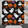 thumbnail image 1 of Festive Halloween Shower Curtain with Friendly Ghosts, Lanterns & Stars - "Happy Halloween" Banner, 1 of 4