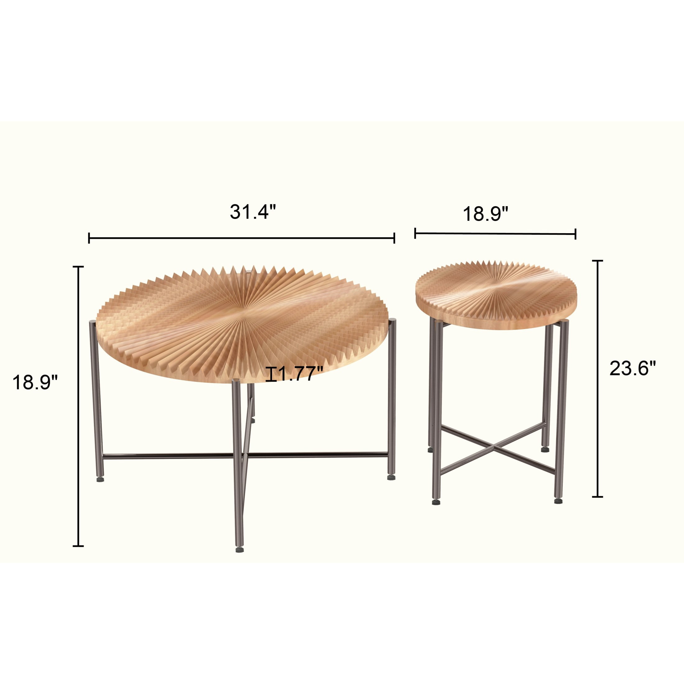 GDF Studio 2-Piece Rustic Coffee and End Table Set, Radial Pattern Tabletops, Black Metal Legs, Brown