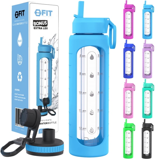 Botella de agua FIT Strong & Healthy Glass de 950 ml con tapa con pajita