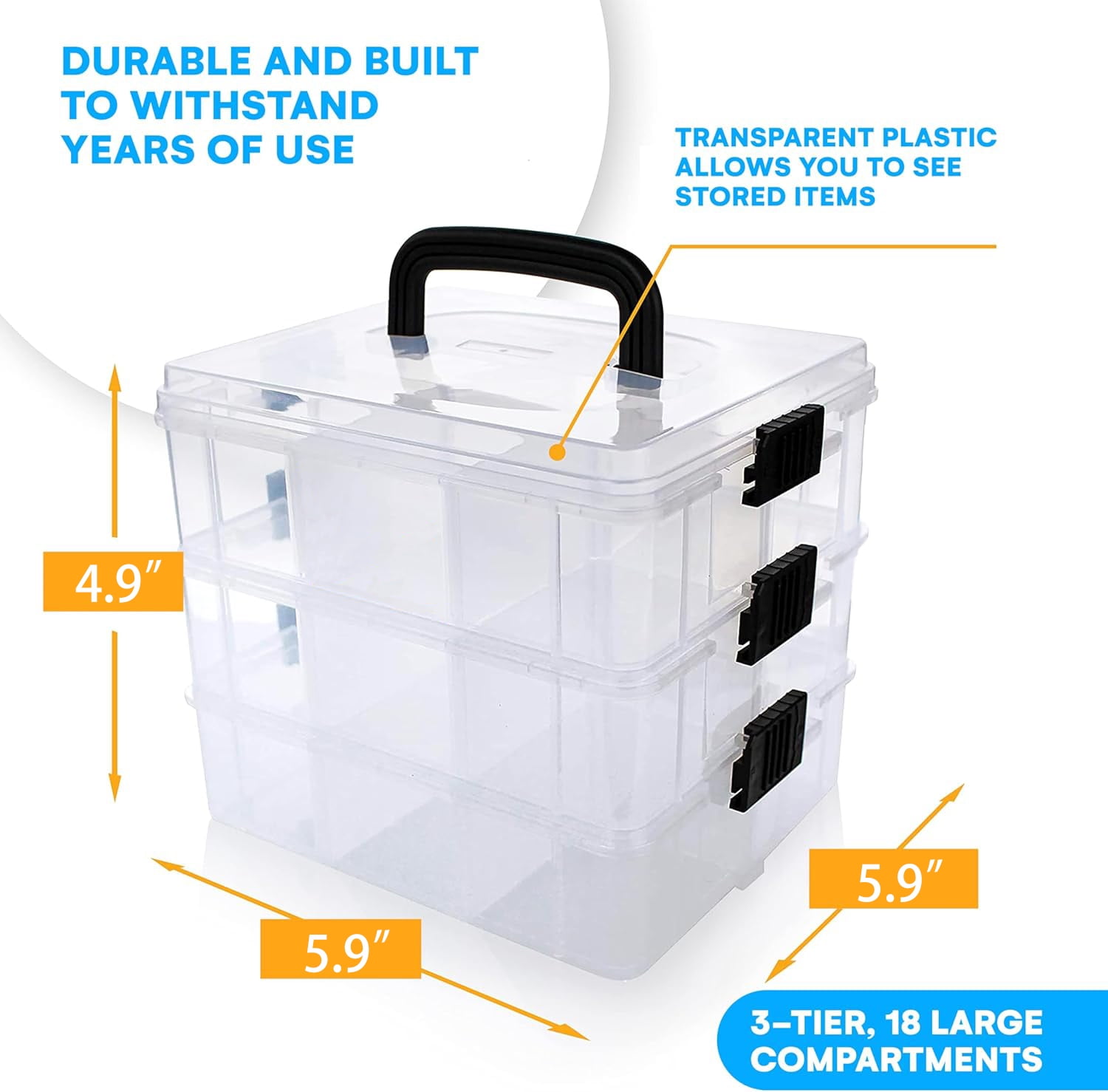 Duslogis Stackable Toys Organizer Storage Case Compatible with 18 Adjustable Compartments - 3-Tier Portable Adjustable Box w/Carrying Handle, Clear