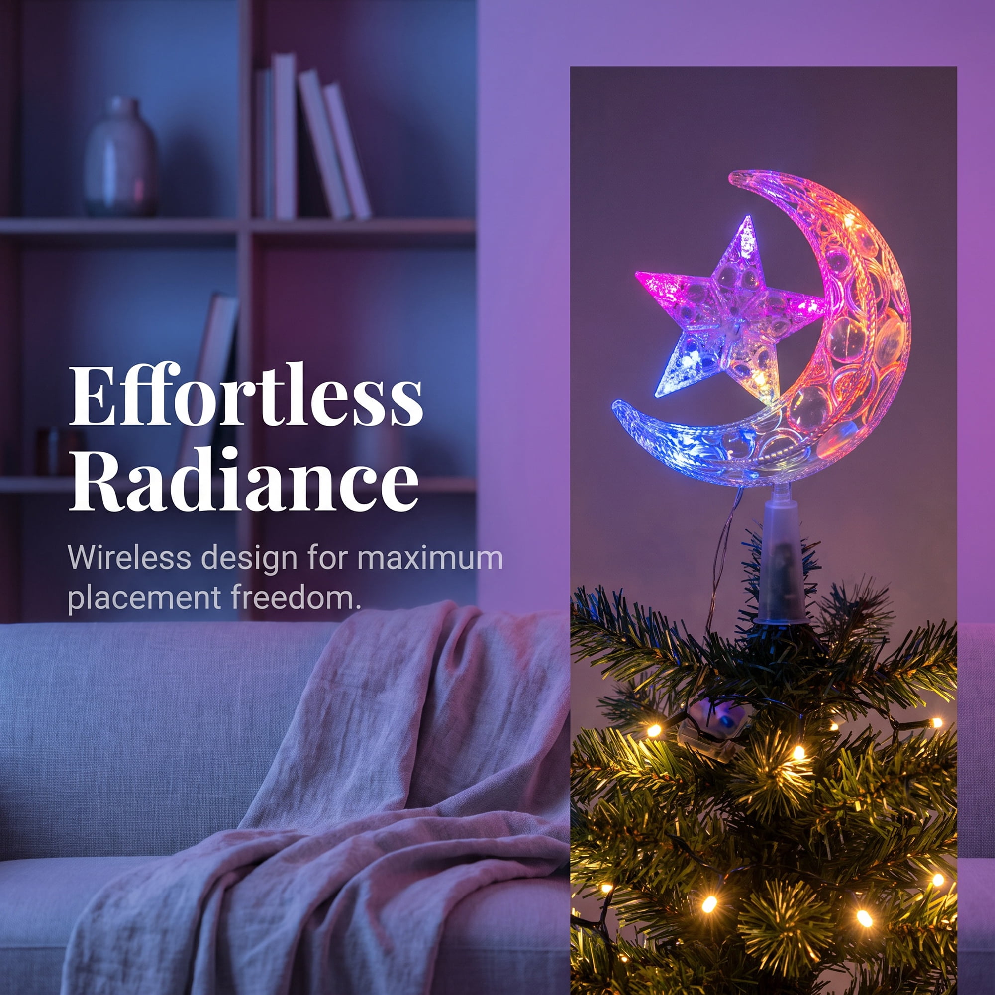 Unique Bargains Tree Finial Battery Operated Spring Mount Moon Multicolor Lights 7.9"