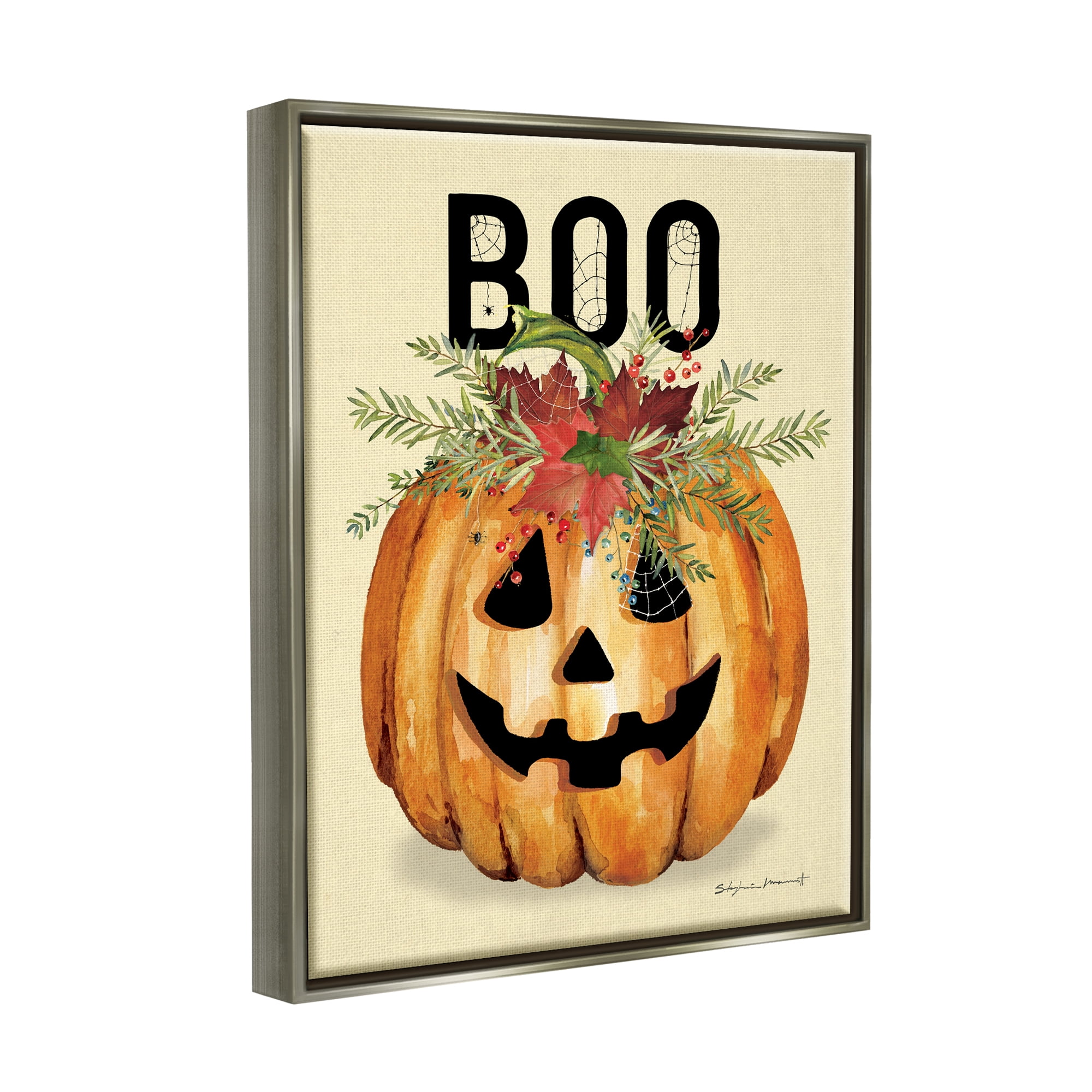 Stupell Industries Boo Seasonal Halloween Flowers Holiday Painting Gray Floater Framed Art Print Wall Art