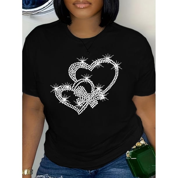 Hearts & Butterfly Print Crew Neck T-Shirt, Casual Short Sleeve T-Shirt For Spring & Summer, Women's Clothing