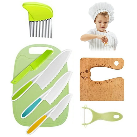 8PCS Kids Knife Set,Wooden Kids Safe Knives for Real Cooking Montessori Kitchen Tools Include Kitchen Knife Plastic Cutting Board Peeler Potato Slicers Knives Serrated Edges for Kitchen