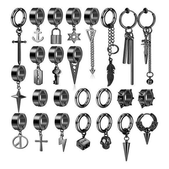 Aretes Falsos Piercing Hombre Imán Acero Inoxidable 25 pzs Earring-D NEGRO