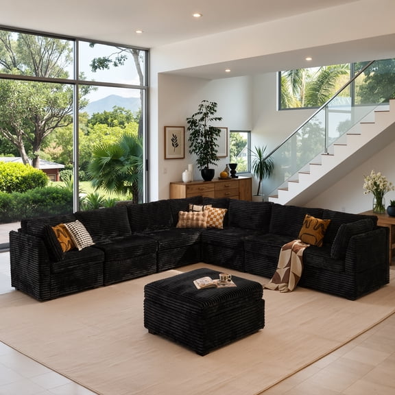 Ovios 127” Oversized Modular Sectional Sofa 8 Pieces Deep Seat Corduroy Cloud Couch with Ottoman Black L-Shaped Sectional for Living Room, Black