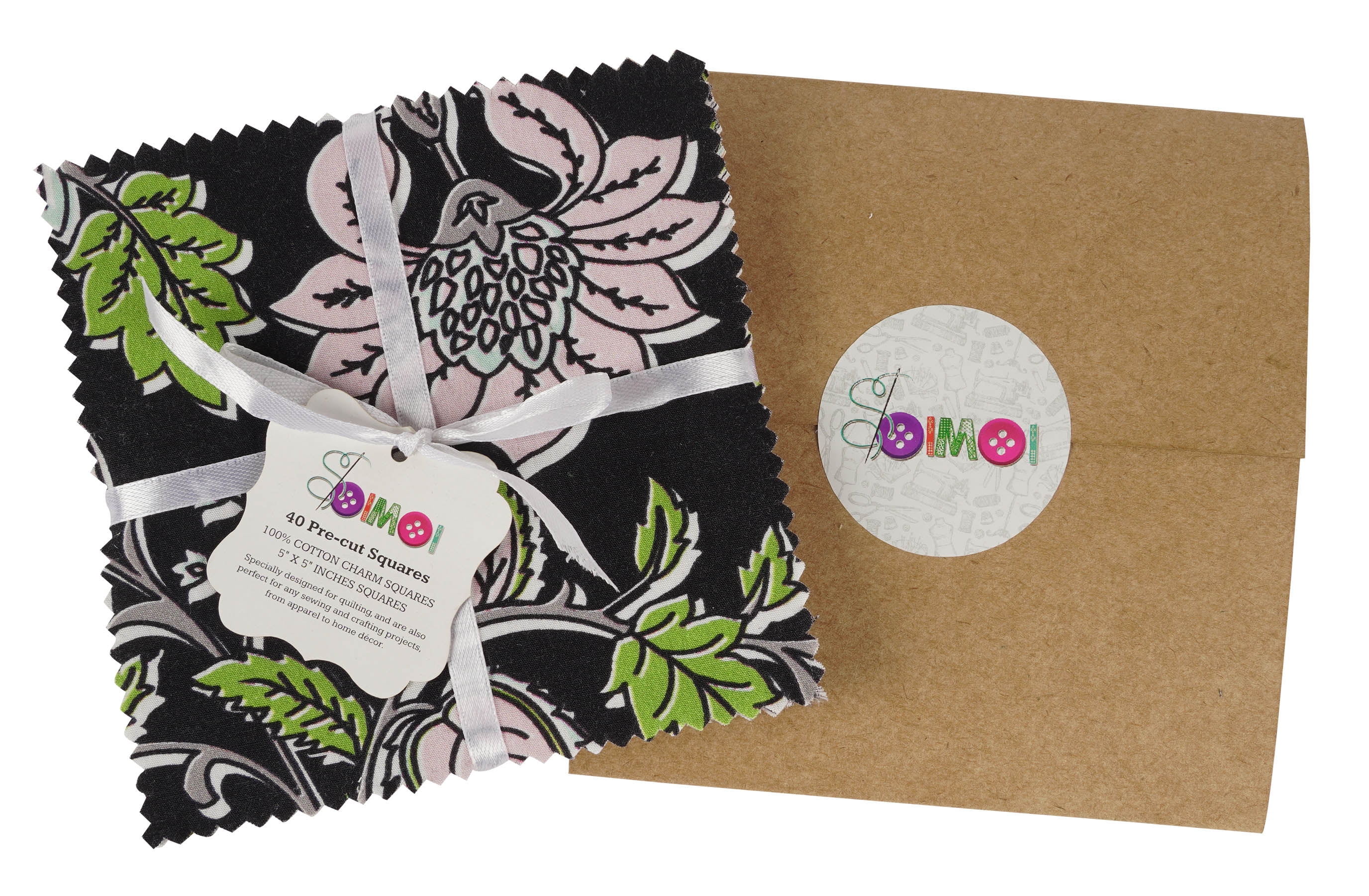 Soimoi Florals Print&nbsp;Precut 10-inch Cotton&nbsp;Fabric&nbsp;Quilting&nbsp;Squares&nbsp;Charm Pack DIY Patchwork Sewing Craft-Black