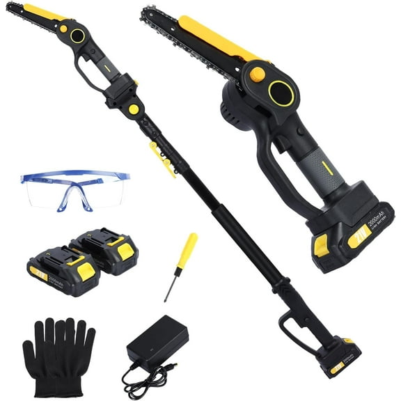 21V Cordless Pole Saw with 2 Batteries & Brushless Motor, 6-Inch Extension Chainsaw with Retractable Pole (4.9-7.5ft), 800W Electric Chainsaw for Tree Trimming and Garden Maintenance.