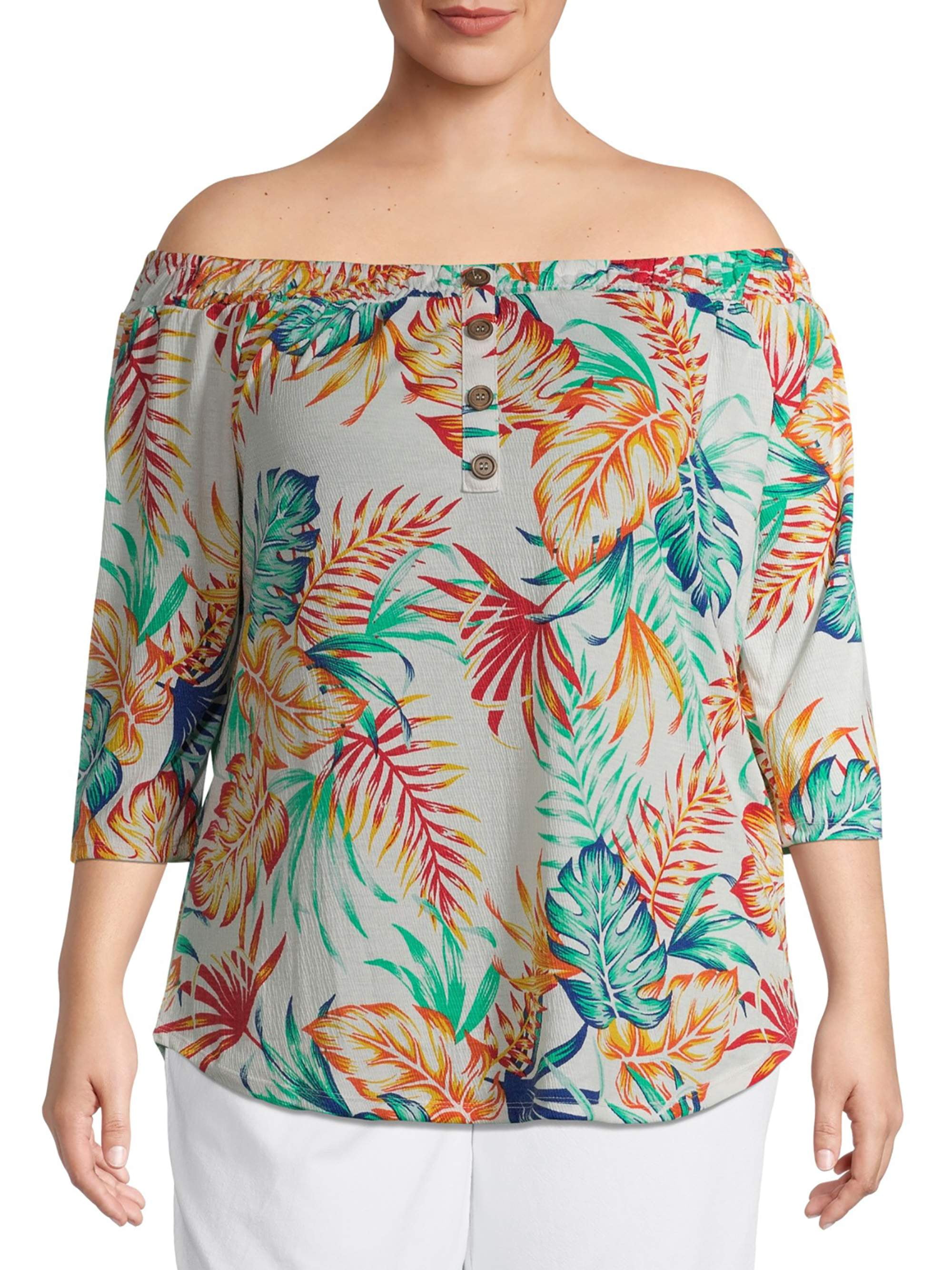 French Laundry Women's Plus Size Smocked OffShoulder Printed Button