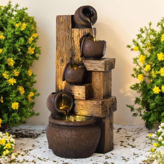5-Tiered Garden Waterfall Fountain Outdoor - 40''H Water Fountains and Waterfalls, Large Outdoor/Indoor Floor Standing Resin Water Fountain with LED Light for Patio, Garden and Home (kklfec)
