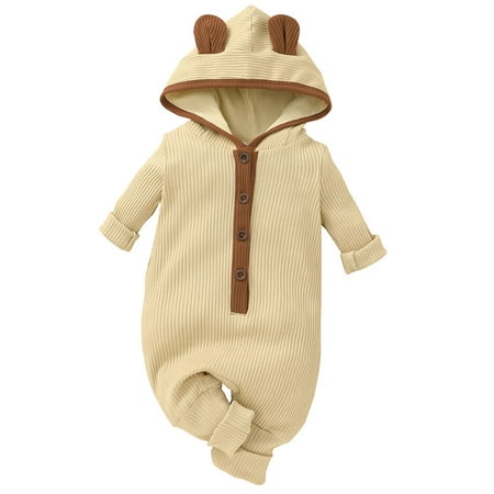 

Glookwis Baby One Piece Playsuit Cute Romper Plain Ear Shaped Jumpsuit Solid Color Buttons Bodysuit Beige 3-6M