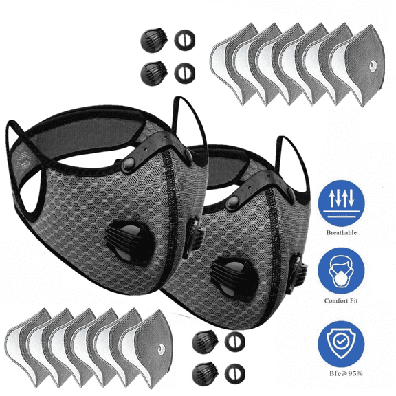 2 Pack Reusable Half Face Masks with Carbon Filters, Adjustable Cycling Dust Masks with Dual Valves, Washable Outdoor Sports Face Covers, Grey