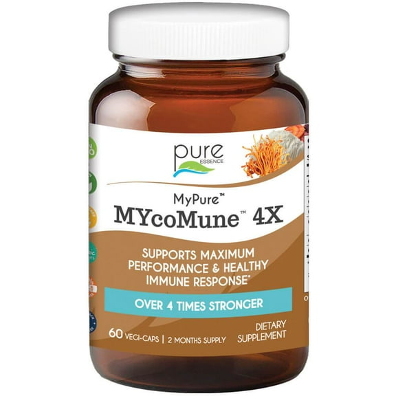 MYcoMune 4X Immune Support Supplement - Organic Mushrooms Reishi, Lion's Mane, Cordyceps, Chaga, Shiitake, Maitake for Stress, Energy and Brain by Pure Essence- 60 Caps