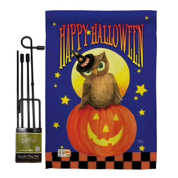 Breeze Decor BD-HO-GS-112069-IP-BO-D-US17-AM 13 x 18.5 in. Owl Sitting on Jack-O-Lantern Fall Halloween Vertical Double Sided Mini Garden Flag Set with Banner Pole