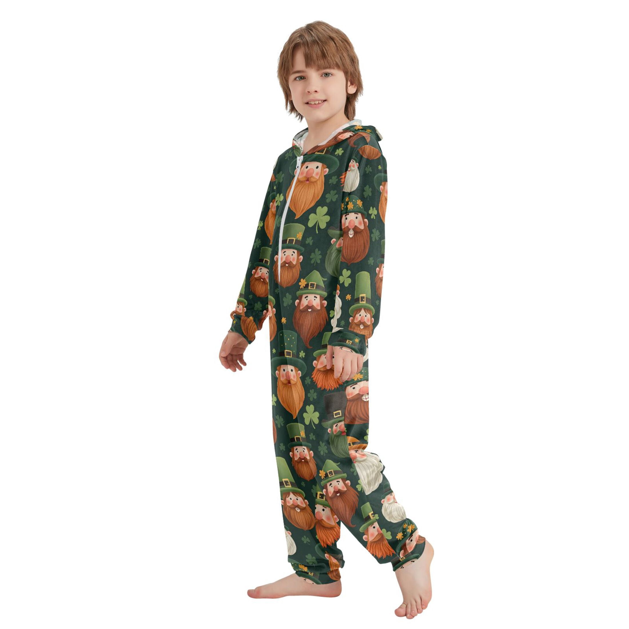 Beard Green Elf Pattern One Piece Pajamas Soft Jumpsuit Cozy Sleep and Play Romper Zipper and Pockets 13Y-14Y