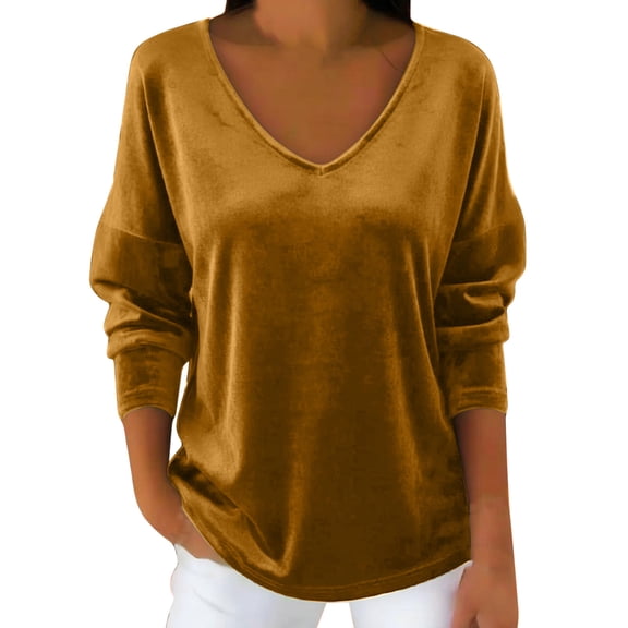 Women's Blouse Lounge Long Sleeve V Neck Solid Pullover Tunic Top Gold XL