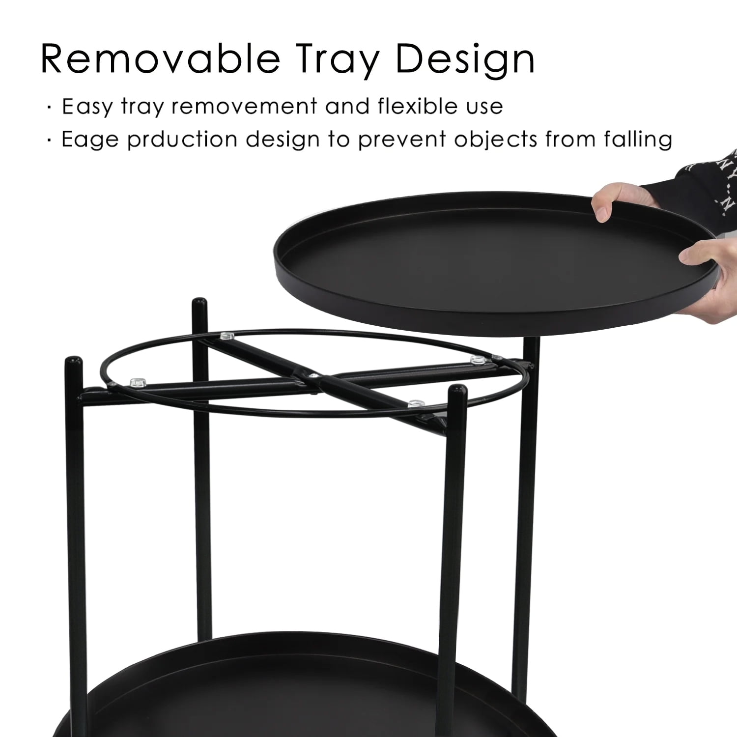 Cerbior 2-Tier Metal Tray End Table, Round Accent Coffee Side Table, Anti-Rust and Waterproof Sofa Side Table for Living Room Bedroom Balcony (Black)