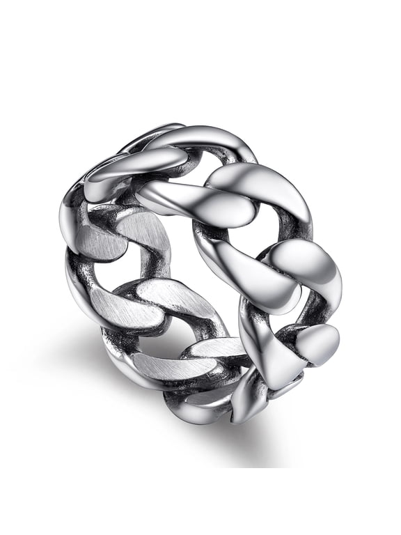 10MM Wide Stainless Steel Men Rings Hip Hop Cuban Chain Band Ring for Women Men Trendy Minimalist Ring for Father's Day Gift