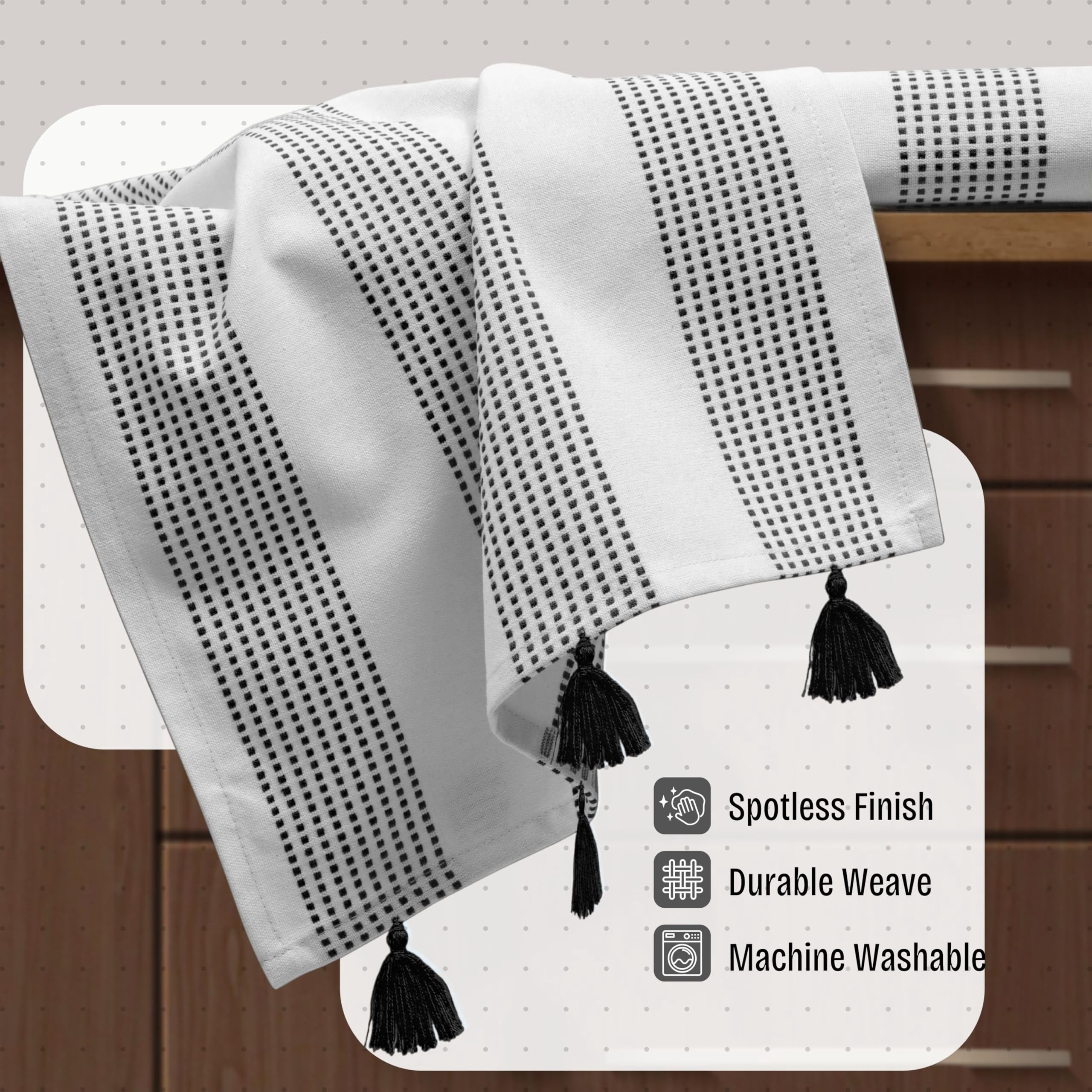 HEIRLOOM COMFORT Black Decorative Dotted Kitchen Towels 16x26 Inch, 3 Pack, Ultra Absorbent, Soft, 100% Cotton Towels with Tassels, Fast-Dry for Cleaning, Drying Dishes, and Everyday Use