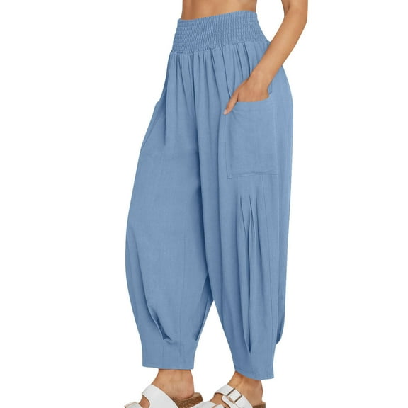 purcolt Womens Baggy Harem Pants Smocked High Waisted Casual Loose Wide Leg Palazzo Pants Ankle Length Beach Trousers with Pockets